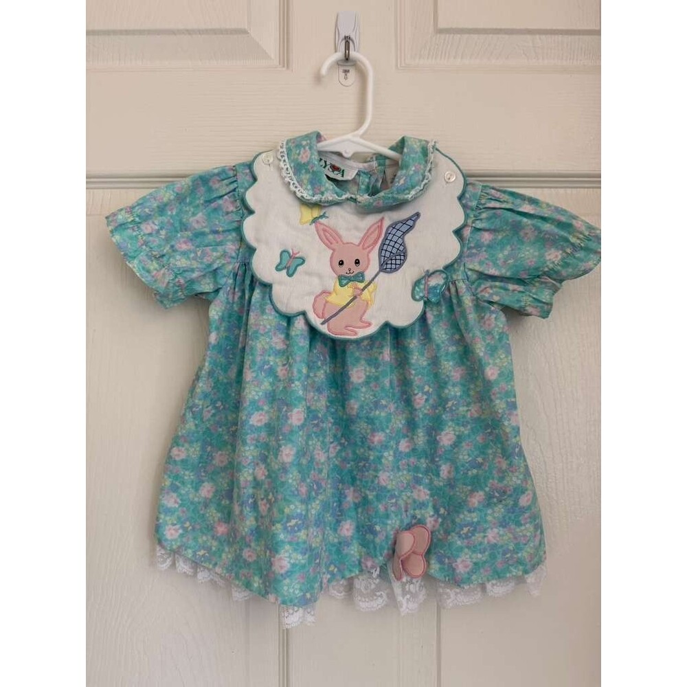 Vintage Alyssa Baby Girls Floral Dress 24M Aqua Blue Bunny Embroidered Lace